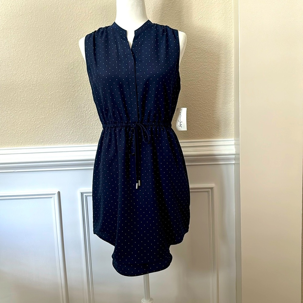 Maison Jules Sleeveless Navy Dress with White Polka Dots